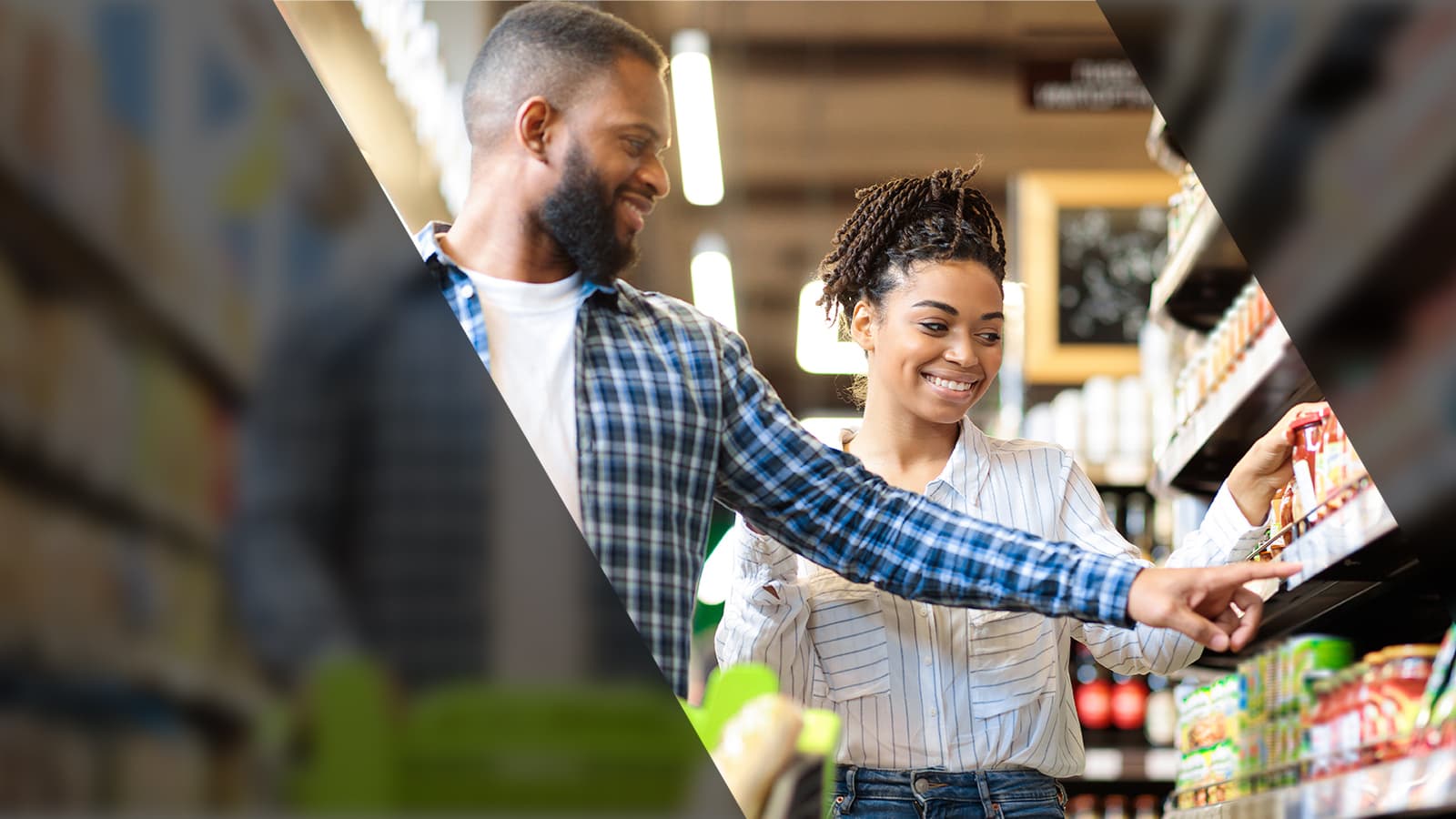 Shoppers engaging with shelf-edge product labels in a grocery aisle, highlighting the impact of in-store marketing and shopper experience.